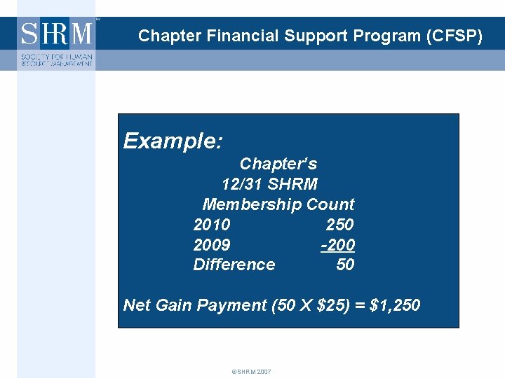 Chapter Financial Support Program (CFSP) Example: Chapter’s 12/31 SHRM Membership Count 2010 250 2009