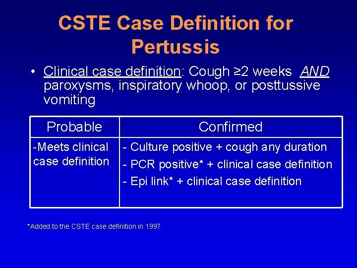 CSTE Case Definition for Pertussis • Clinical case definition: Cough ≥ 2 weeks AND