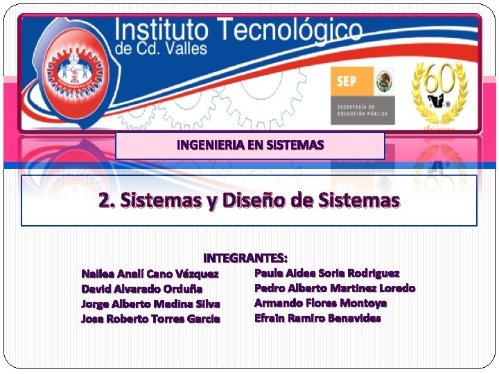 INGENIERIA EN SISTEMAS 2. Sistemas y Diseño de Sistemas INTEGRANTES: Nailea Analí Cano Vázquez