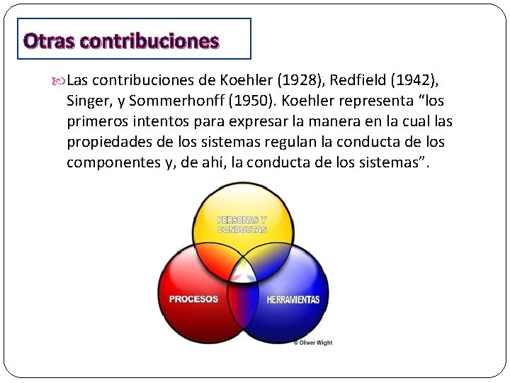 Otras contribuciones Las contribuciones de Koehler (1928), Redfield (1942), Singer, y Sommerhonff (1950). Koehler