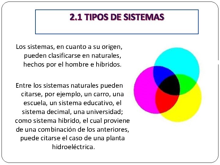 2. 1 TIPOS DE SISTEMAS Los sistemas, en cuanto a su origen, pueden clasificarse