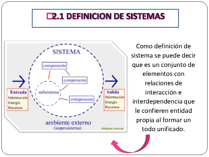 � 2. 1 DEFINICION DE SISTEMAS Como definición de sistema se puede decir que