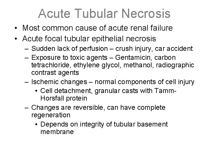 Acute Tubular Necrosis • Most common cause of acute renal failure • Acute focal