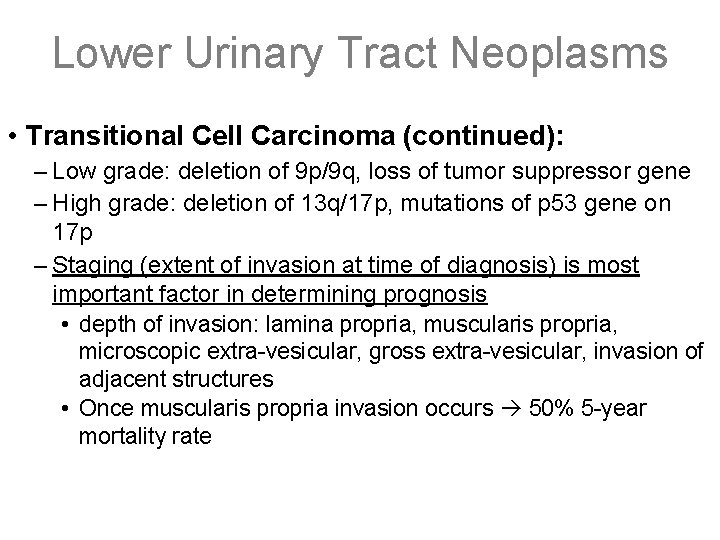 Lower Urinary Tract Neoplasms • Transitional Cell Carcinoma (continued): – Low grade: deletion of