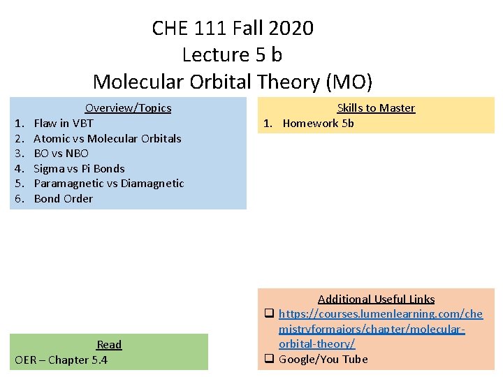 CHE 111 Fall 2020 Lecture 5 b Molecular Orbital Theory (MO) 1. 2. 3.