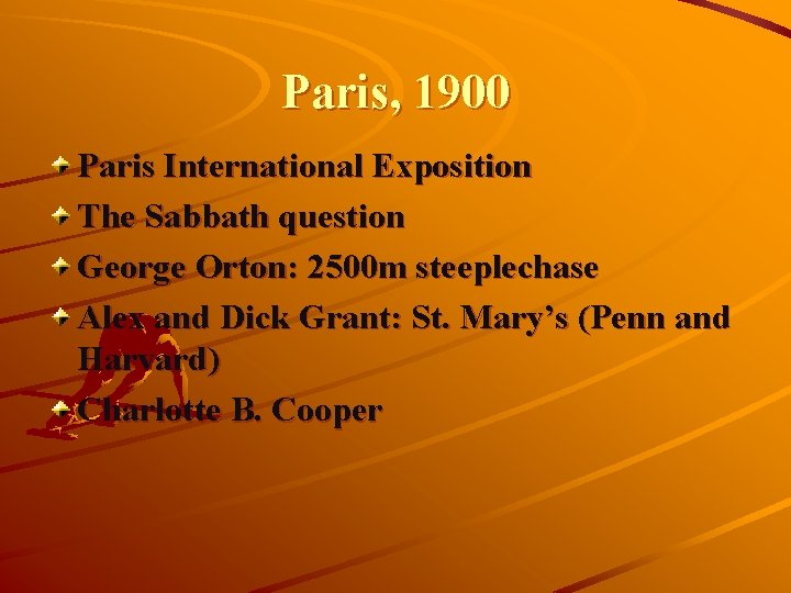 Paris, 1900 Paris International Exposition The Sabbath question George Orton: 2500 m steeplechase Alex