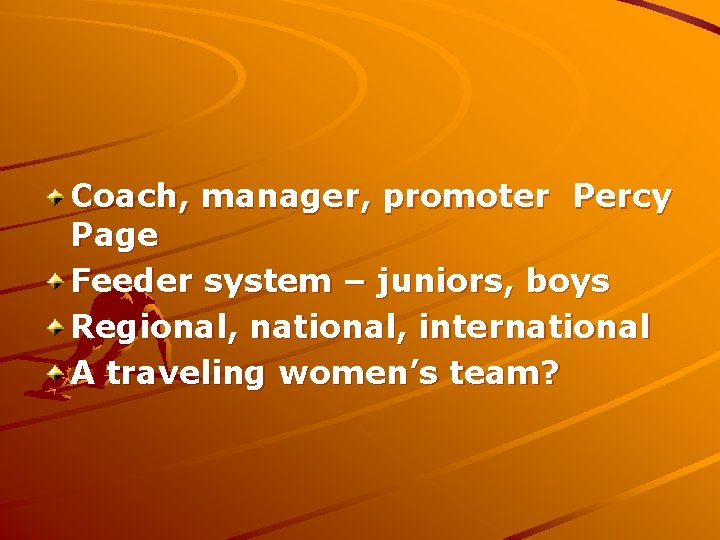 Coach, manager, promoter Percy Page Feeder system – juniors, boys Regional, national, international A