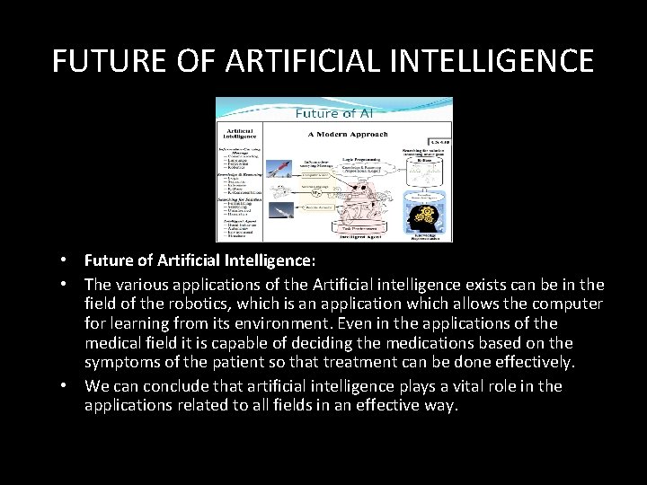 FUTURE OF ARTIFICIAL INTELLIGENCE • Future of Artificial Intelligence: • The various applications of