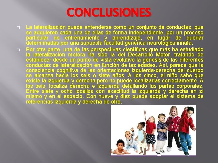CONCLUSIONES � � La lateralización puede entenderse como un conjunto de conductas, que se CONCLUSIONES � � La lateralización puede entenderse como un conjunto de conductas, que se