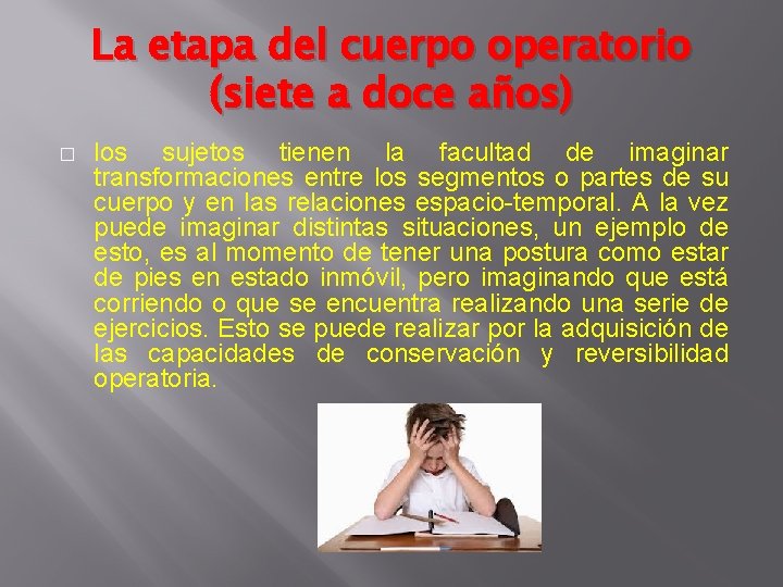 La etapa del cuerpo operatorio (siete a doce años) � los sujetos tienen la La etapa del cuerpo operatorio (siete a doce años) � los sujetos tienen la