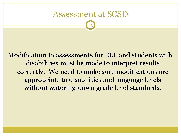 Assessment at SCSD 15 Modification to assessments for ELL and students with disabilities must Assessment at SCSD 15 Modification to assessments for ELL and students with disabilities must