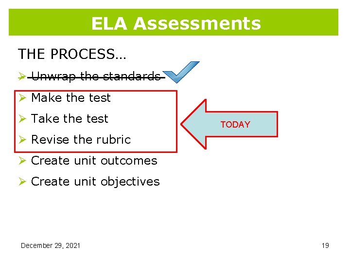ELA Assessments THE PROCESS… Ø Unwrap the standards Ø Make the test Ø Take ELA Assessments THE PROCESS… Ø Unwrap the standards Ø Make the test Ø Take