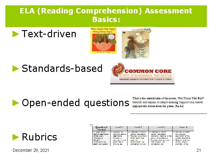 ELA (Reading Comprehension) Assessment Basics: ► Text-driven ► Standards-based ► Open-ended questions ► Rubrics ELA (Reading Comprehension) Assessment Basics: ► Text-driven ► Standards-based ► Open-ended questions ► Rubrics