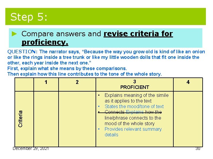 Step 5: ► Compare answers and revise criteria for proficiency. QUESTION: The narrator says, Step 5: ► Compare answers and revise criteria for proficiency. QUESTION: The narrator says,