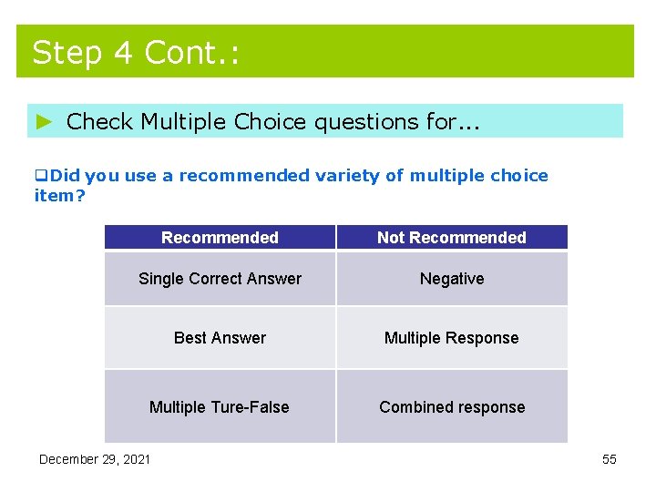 Step 4 Cont. : ► Check Multiple Choice questions for. . . q. Did Step 4 Cont. : ► Check Multiple Choice questions for. . . q. Did
