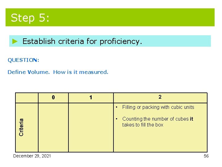 Step 5: ► Establish criteria for proficiency. QUESTION: Define Volume. How is it measured. Step 5: ► Establish criteria for proficiency. QUESTION: Define Volume. How is it measured.