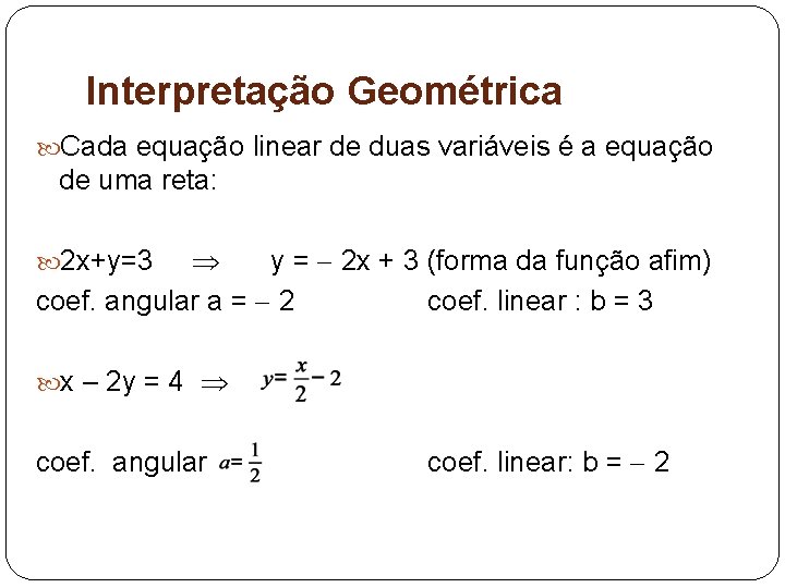 Interpretação Geométrica Cada equação linear de duas variáveis é a equação de uma reta: