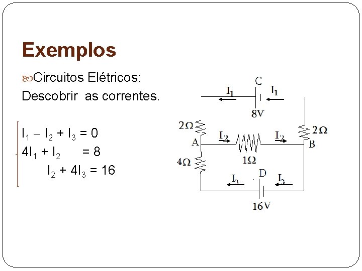 Exemplos Circuitos Elétricos: Descobrir as correntes. I 1 I 2 + I 3 =