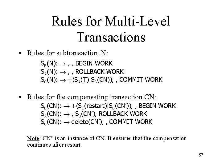 Rules for Multi-Level Transactions • Rules for subtransaction N: SB(N): , , BEGIN WORK