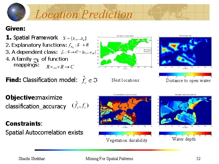 Location Prediction Given: 1. Spatial Framework 2. Explanatory functions: 3. A dependent class: 4.