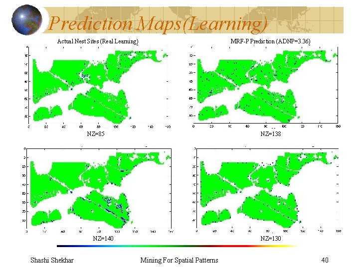 Prediction Maps(Learning) Actual Nest Sites (Real Learning) MRF-P Prediction (ADNP=3. 36) NZ=85 MRF-GMM Prediction