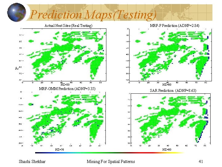 Prediction Maps(Testing) Actual Nest Sites (Real Testing) MRF-P Prediction (ADNP=2. 84) Actual Nest Sites