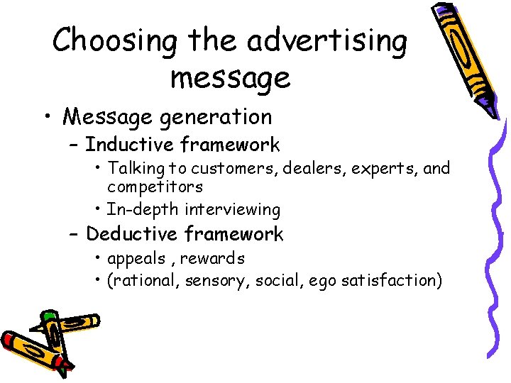 Choosing the advertising message • Message generation – Inductive framework • Talking to customers,