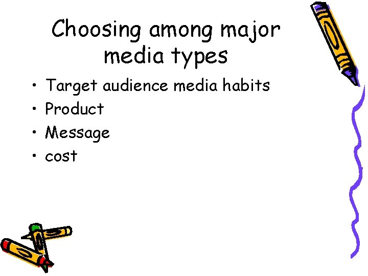 Choosing among major media types • • Target audience media habits Product Message cost