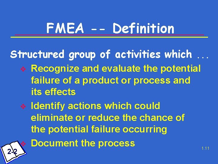 FMEA -- Definition Structured group of activities which. . . v v 2 -2