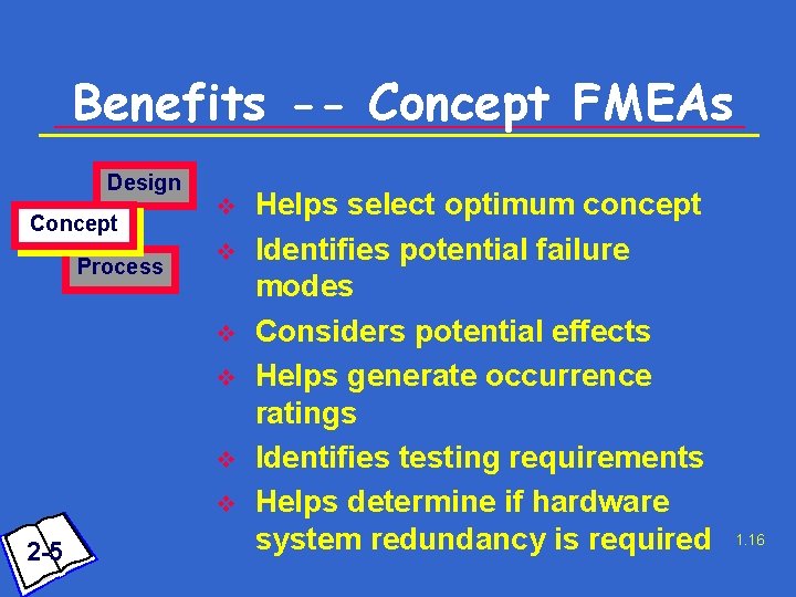 Benefits -- Concept FMEAs Design Concept Process v v v 2 -5 Helps select