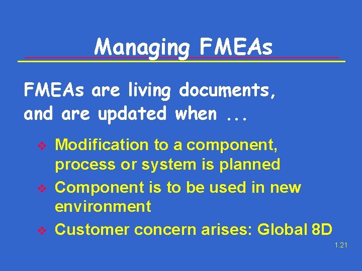 Managing FMEAs are living documents, and are updated when. . . v v v