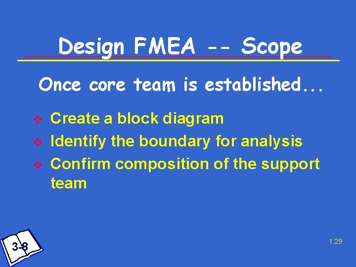 Design FMEA -- Scope Once core team is established. . . v v v