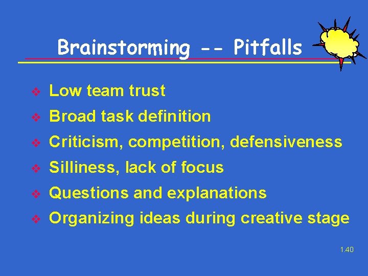 Brainstorming -- Pitfalls v Low team trust v Broad task definition v Criticism, competition,