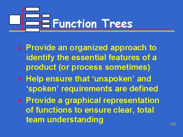 Function Trees v v v Provide an organized approach to identify the essential features