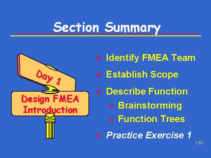 Section Summary Day 1 Design FMEA Introduction v Identify FMEA Team v Establish Scope