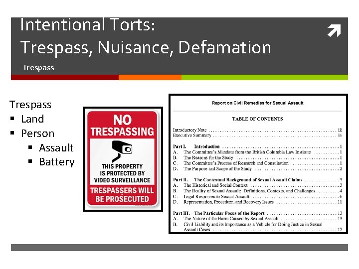 Intentional Torts: Trespass, Nuisance, Defamation Trespass § Land § Person § Assault § Battery Intentional Torts: Trespass, Nuisance, Defamation Trespass § Land § Person § Assault § Battery