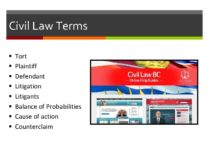 Civil Law Terms § § § § Tort Plaintiff Defendant Litigation Litigants Balance of Civil Law Terms § § § § Tort Plaintiff Defendant Litigation Litigants Balance of