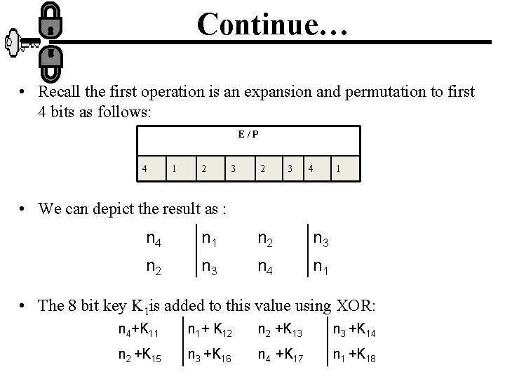 Continue… • Recall the first operation is an expansion and permutation to first 4