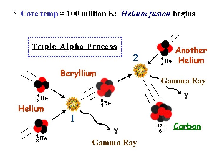 * Core temp 100 million K: Helium fusion begins Another Helium Beryllium Gamma Ray