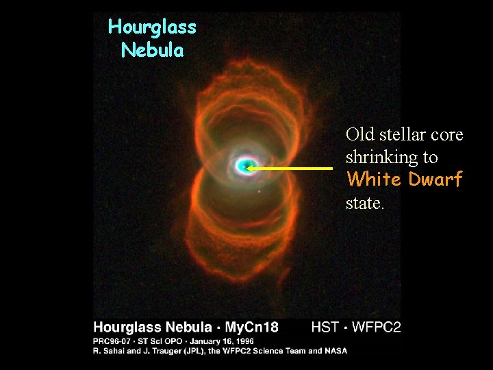 Hourglass Nebula Old stellar core shrinking to White Dwarf state. 