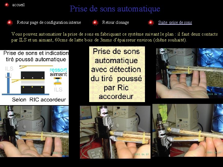 accueil Prise de sons automatique Retour page de configuration interne Retour clonage Suite prise