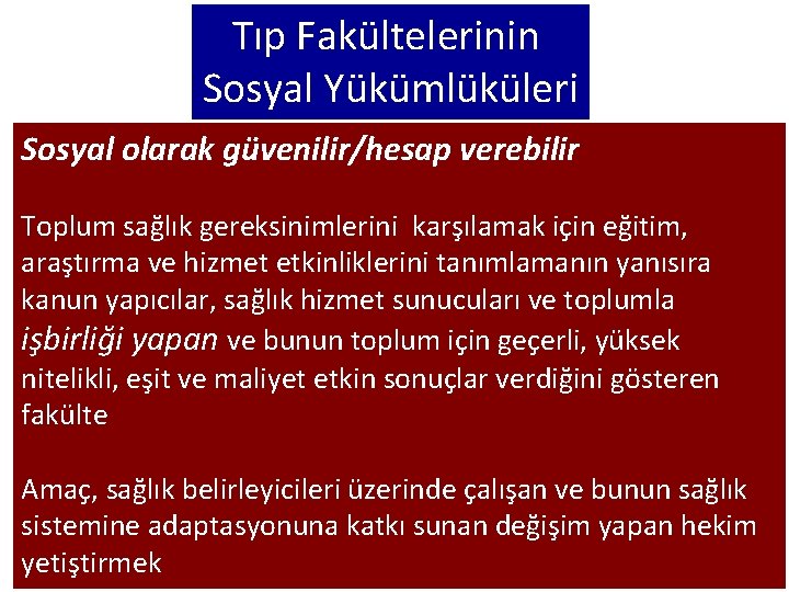 Tıp Fakültelerinin Sosyal Yükümlüküleri Sosyal verebilir Sosyal olarak güvenilir/hesap sorumlu duyarlı Toplum sağlık gereksinimlerini