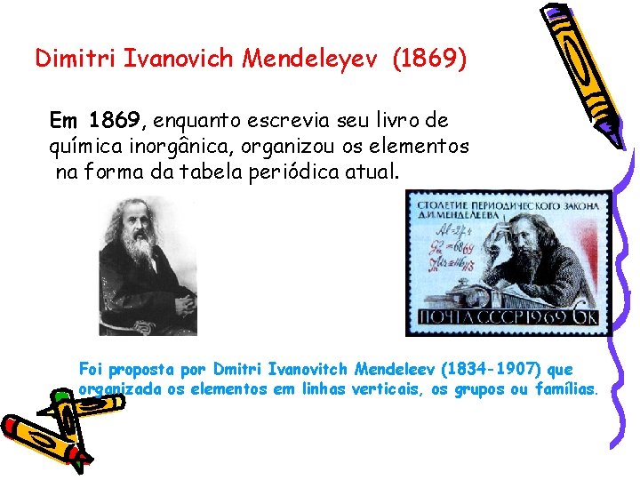 Dimitri Ivanovich Mendeleyev (1869) Em 1869, enquanto escrevia seu livro de química inorgânica, organizou