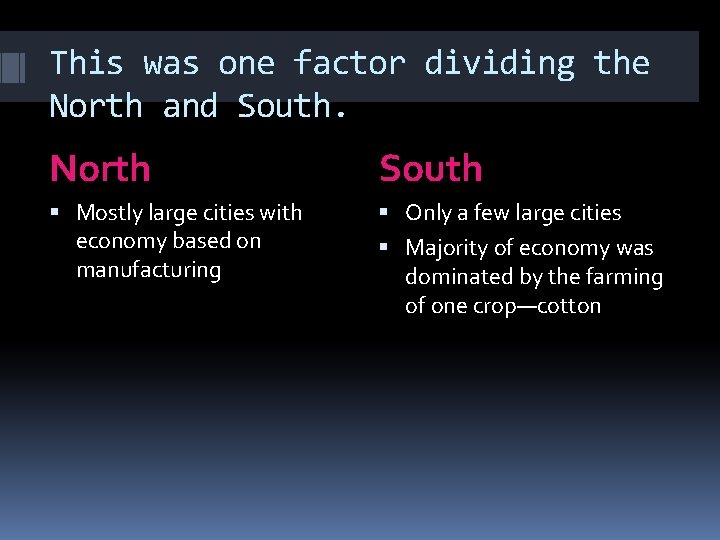 This was one factor dividing the North and South. North South Mostly large cities