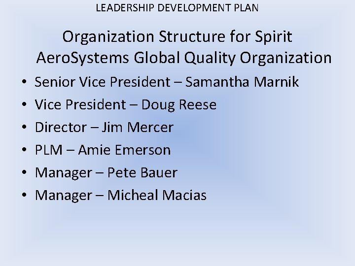 LEADERSHIP DEVELOPMENT PLAN Organization Structure for Spirit Aero. Systems Global Quality Organization • •