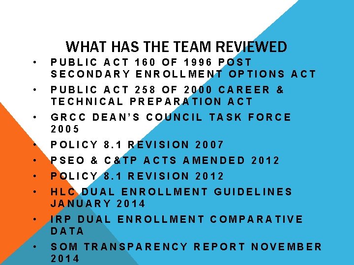 WHAT HAS THE TEAM REVIEWED • PUBLIC ACT 160 OF 1996 POST SECONDARY ENROLLMENT