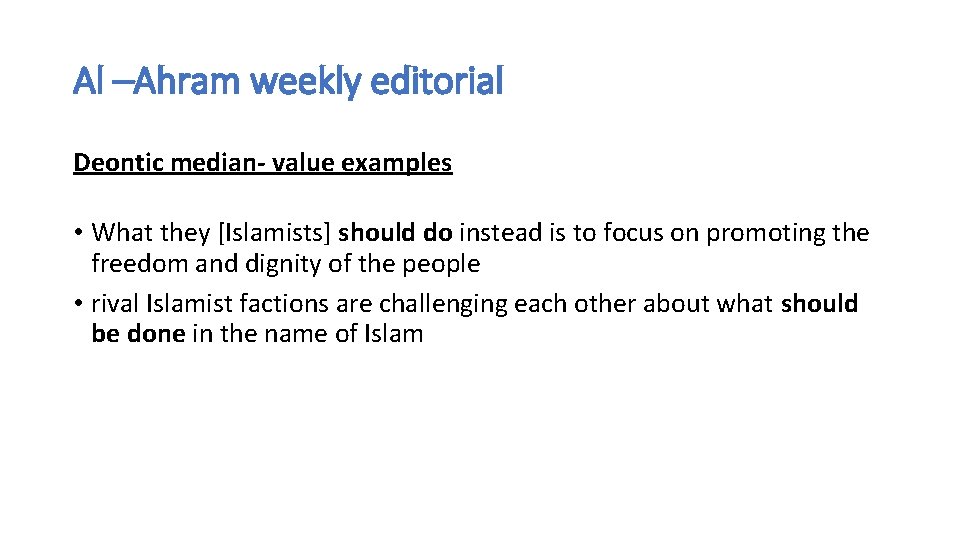Al –Ahram weekly editorial Deontic median- value examples • What they [Islamists] should do