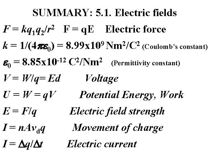 SUMMARY: 5. 1. Electric fields F = kq 1 q 2/r 2 F =