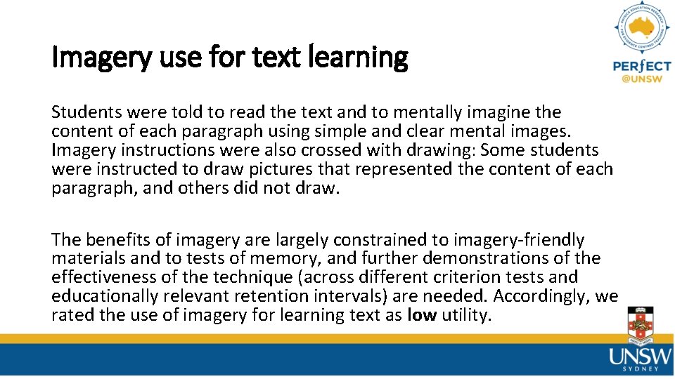 Imagery use for text learning Students were told to read the text and to Imagery use for text learning Students were told to read the text and to
