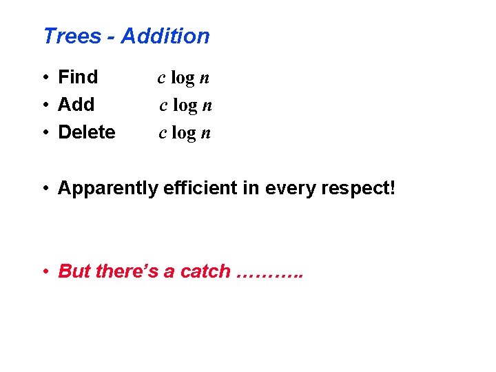 Trees - Addition • Find • Add • Delete c log n • Apparently